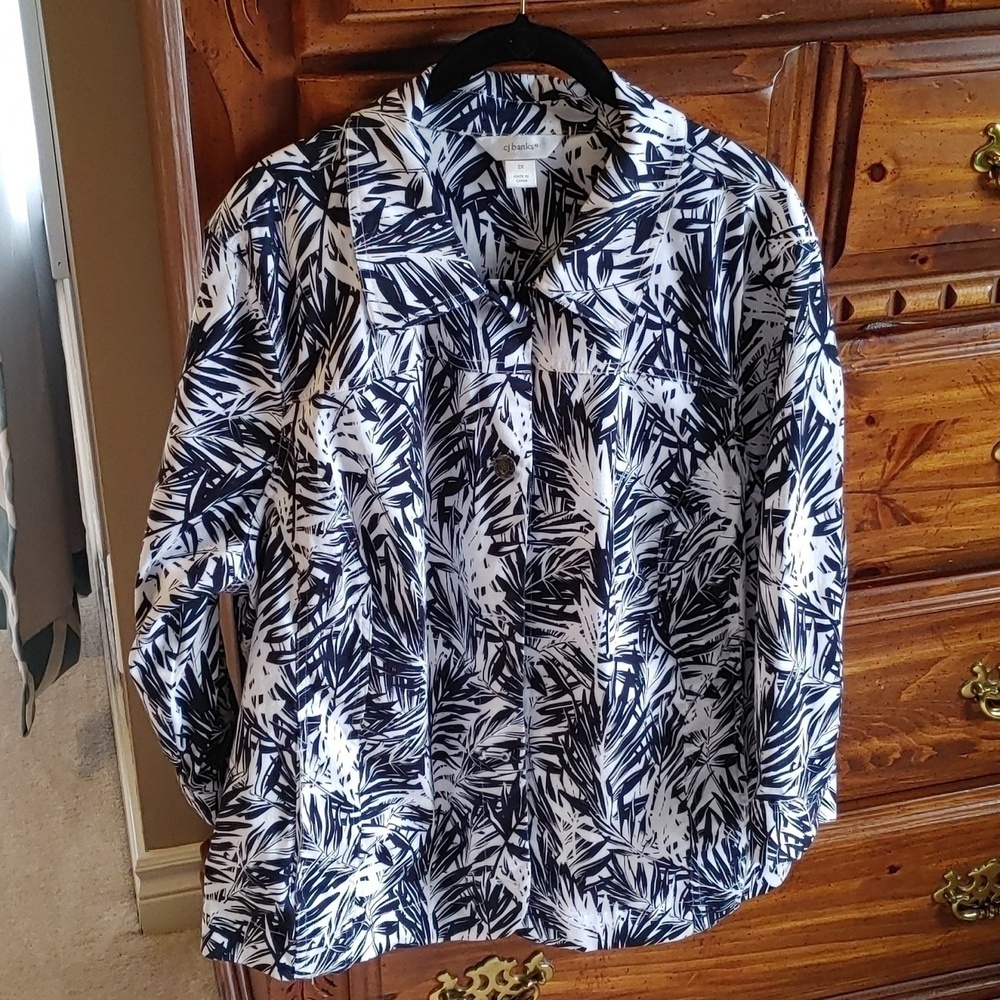 Cj Banks Black & White Tropical Print Jean Jacket Plus Size 2X